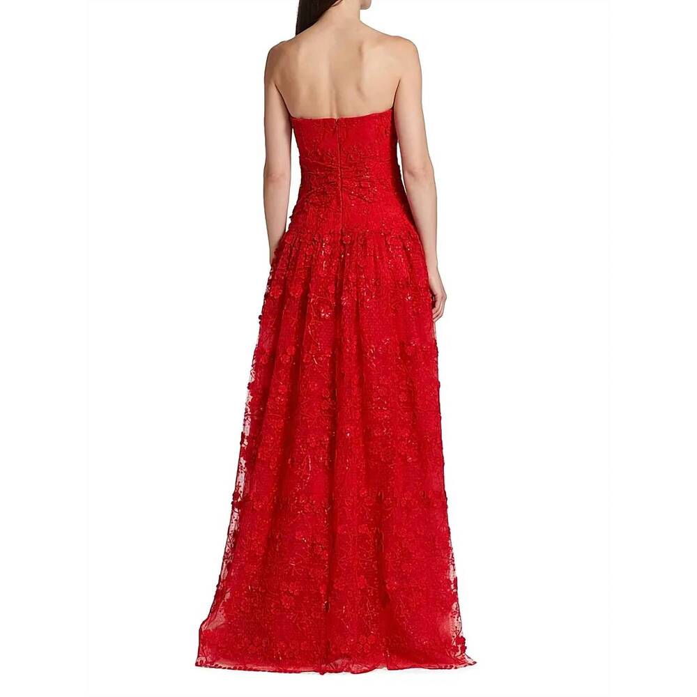 NEW MONIQUE LHUILLIER celia sequin floral strapless tie front tulle gown in roug - Picture 4 of 4